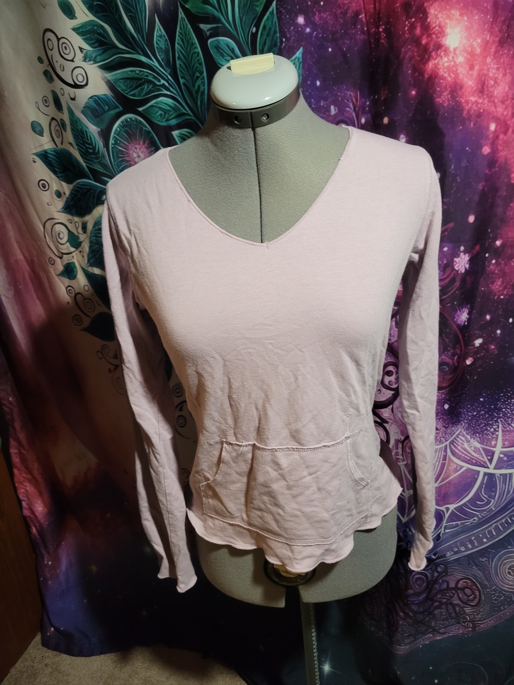 Light Pink V-Neck Long Sleeve Pullover with Front Pocket